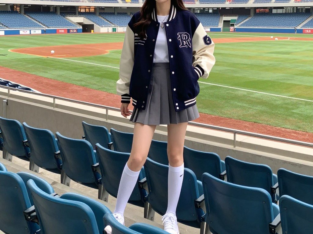 Woman in a varsity jacket and pleated mini skirt baseball game outfit