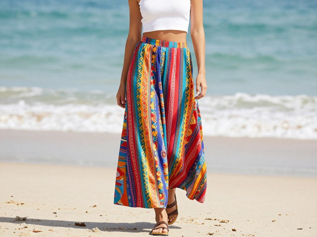 Woman in a white crop top and colorful maxi skirt on a beach