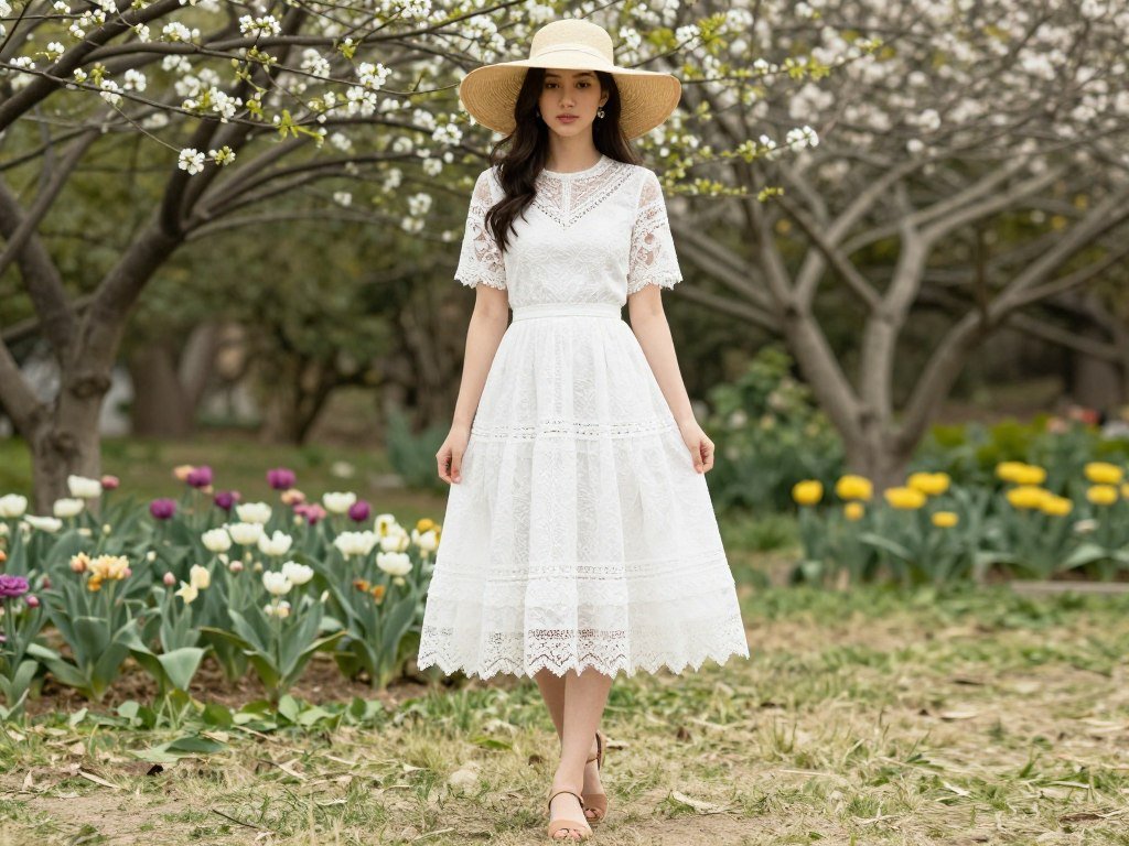 Woman in a white lace dress with a straw hat and sandals - cute spring outfit for warm days