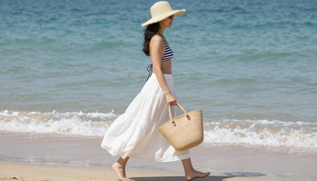 Woman in a white maxi skirt and bikini top walking along a beach with straw hat and beach tote