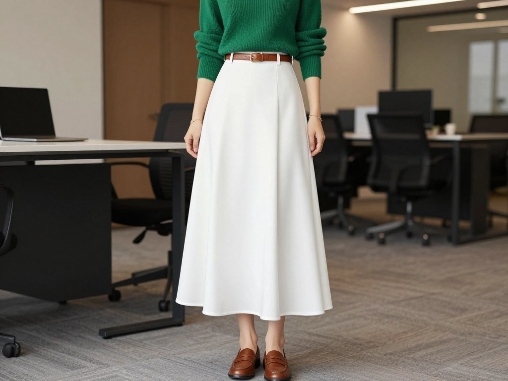 Woman in a white maxi skirt paired with an emerald fine-knit sweater, leather belt, and loafers in an office setting