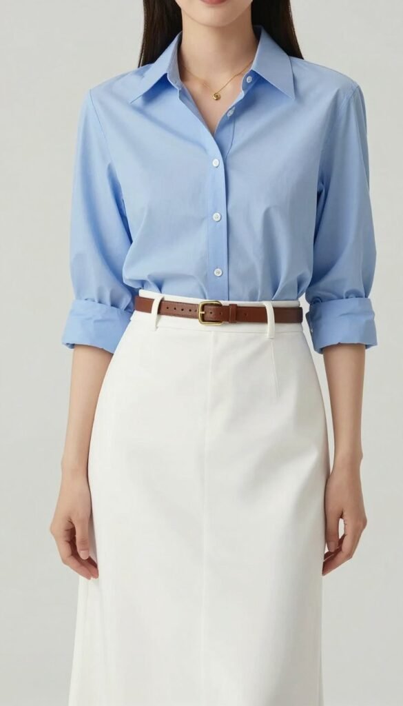 Woman in a white maxi skirt with a light blue button-down shirt tucked in, wearing minimal gold jewelry