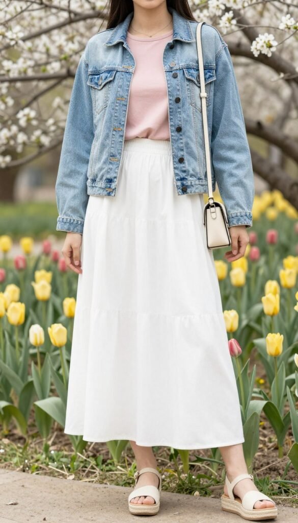 Woman in a white maxi skirt with a pastel pink top and light denim jacket, wearing espadrille sandals in a spring garden setting