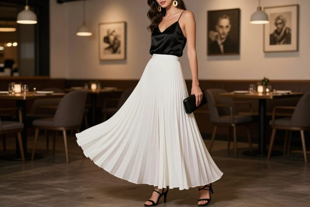 Woman in a white pleated maxi skirt paired with a black silk camisole, statement earrings, and a clutch for an elegant evening look