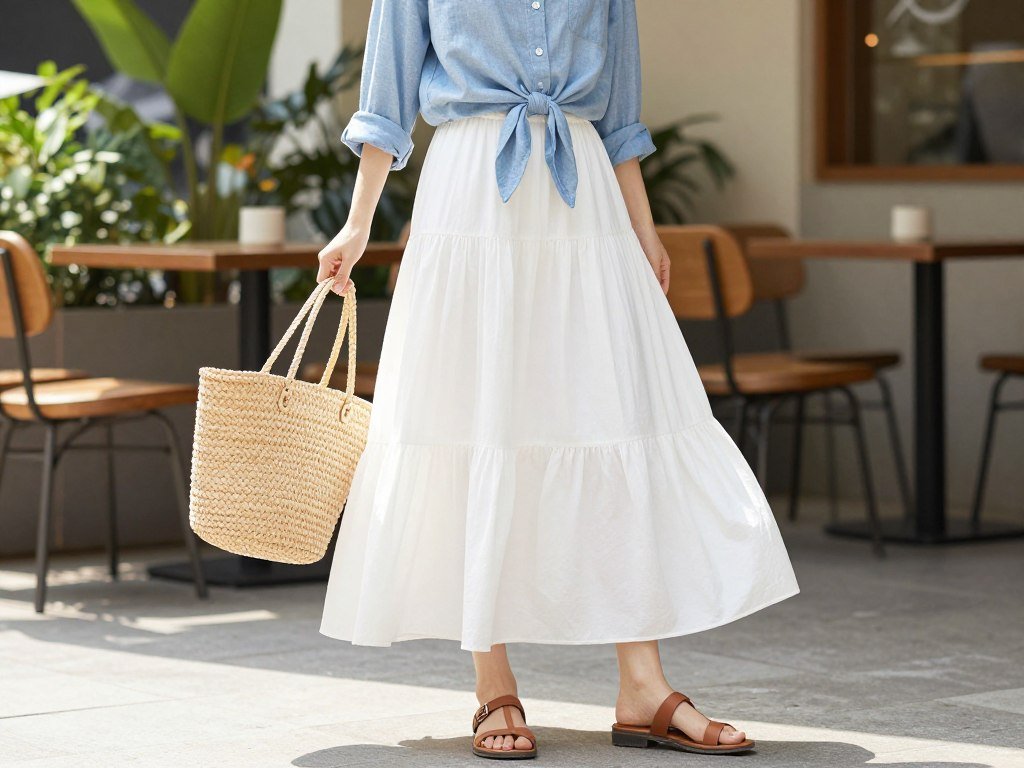 Woman in a white tiered maxi skirt paired with a knotted chambray button-down shirt, leather sandals, and a straw market tote