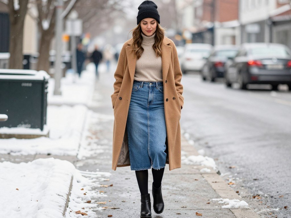 Woman in a winter denim skirt outfit with layered turtleneck, wool coat, black tights and ankle boots