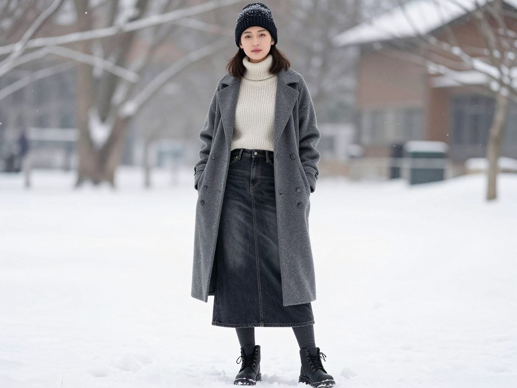 Woman in a winter outfit featuring a maxi jean skirt with a turtleneck sweater, long coat, and boots in a snowy setting