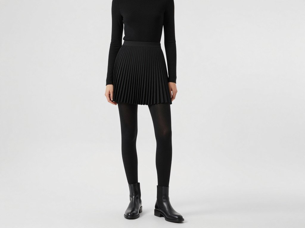 Woman in an all-black outfit featuring a black tennis skirt paired with a black top and boots for a minimalist look