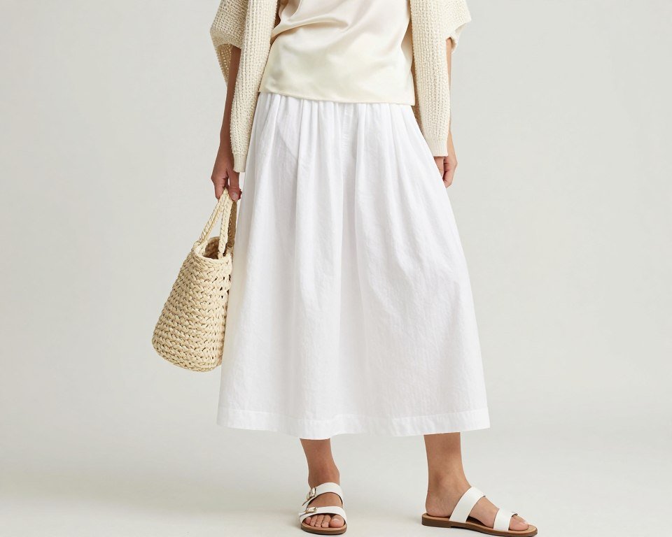 Woman in an all-white outfit combining different textures including a white skirt, ivory top, and cream accessories