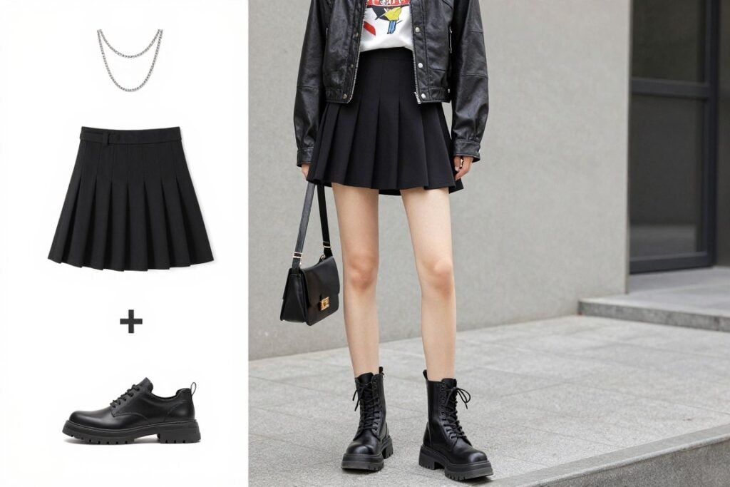 Woman in an edgy tennis skirt outfit with leather jacket and combat boots