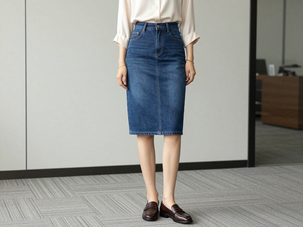 Woman in an elegant denim skirt outfit featuring a cream silk blouse and brown leather loafers