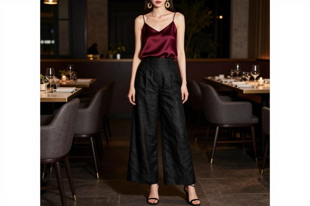 Woman in an elegant evening black linen pants outfit with a silk top and statement jewelry at a restaurant setting