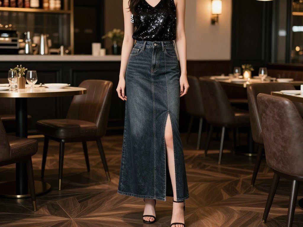Woman in an elegant evening outfit with a dark maxi jean skirt, sequined top, and heels at a restaurant