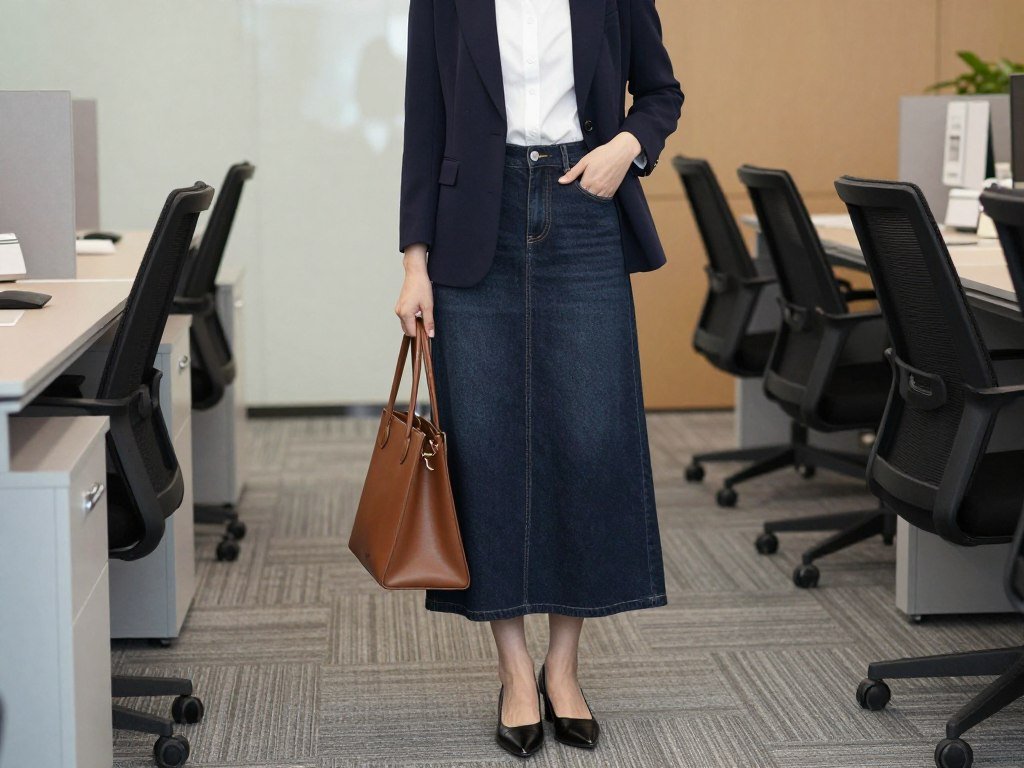 Woman in an office-appropriate outfit featuring a dark wash maxi jean skirt paired with a tailored blazer and pumps
