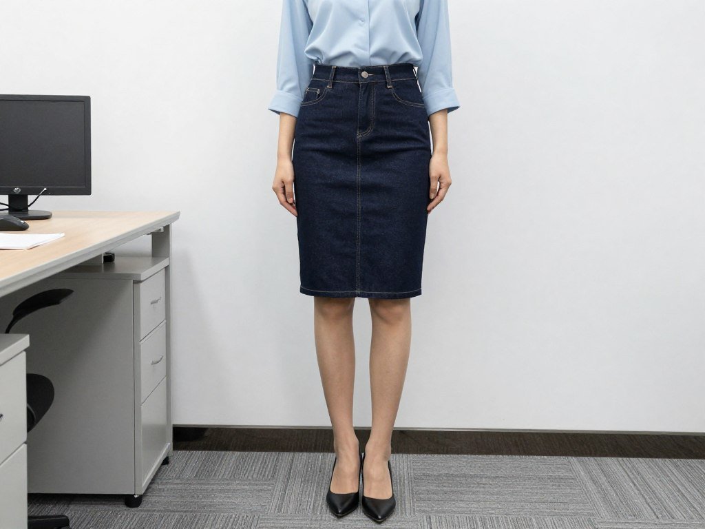 Woman in an office setting wearing a dark wash pencil denim skirt with a tucked-in blouse and pumps