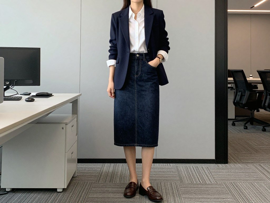 Woman in an office setting wearing a midi denim skirt with a white shirt, structured blazer and leather loafers