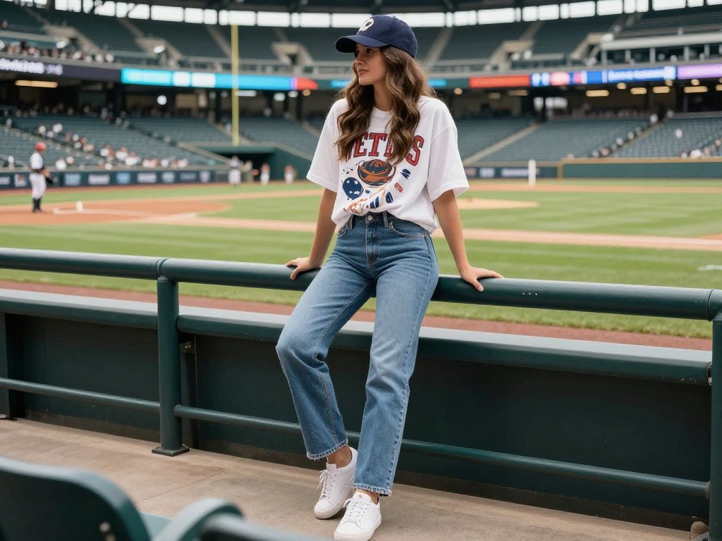 Woman in an oversized graphic tee, jeans and baseball cap at a casual baseball game
