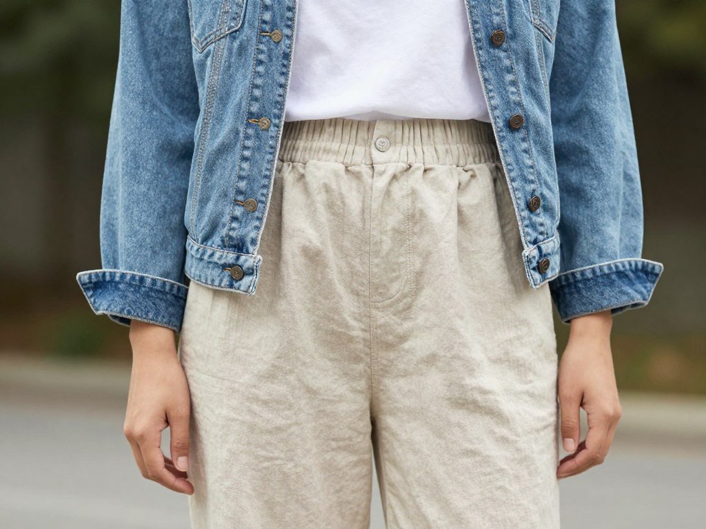 Woman in beige linen pants with a white t-shirt and denim jacket