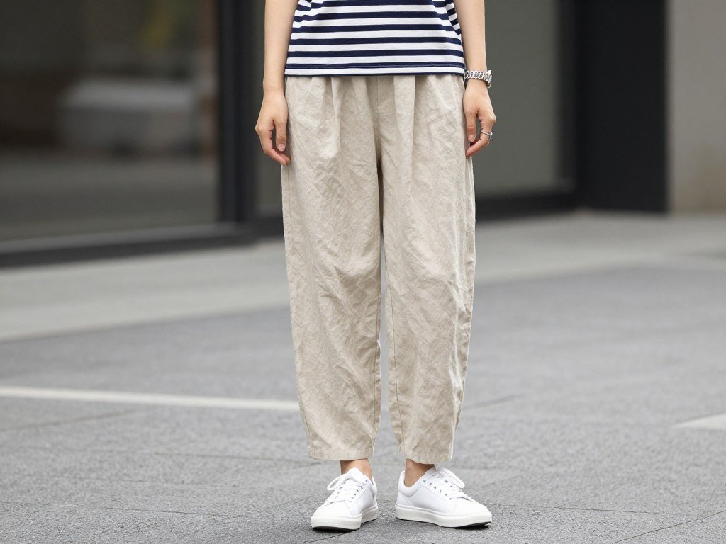 Woman in beige linen pants with striped t-shirt