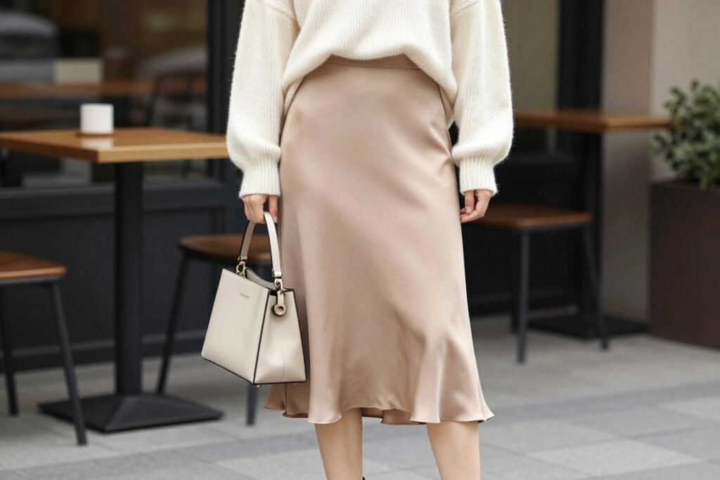 Woman in beige silk skirt with oversized sweater for brunch outfit