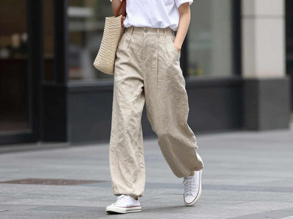 Woman in beige wide leg linen pants paired with a white t-shirt and sneakers