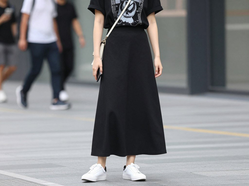 Woman in black maxi skirt with graphic tee and sneakers