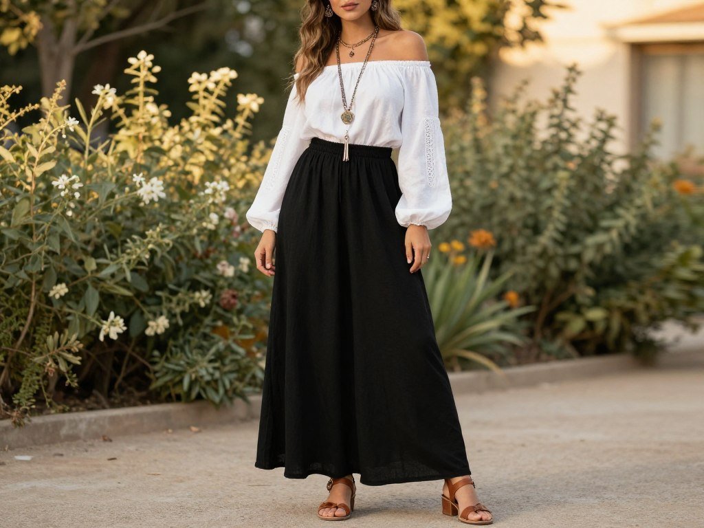 Woman in black maxi skirt with off-shoulder peasant top
