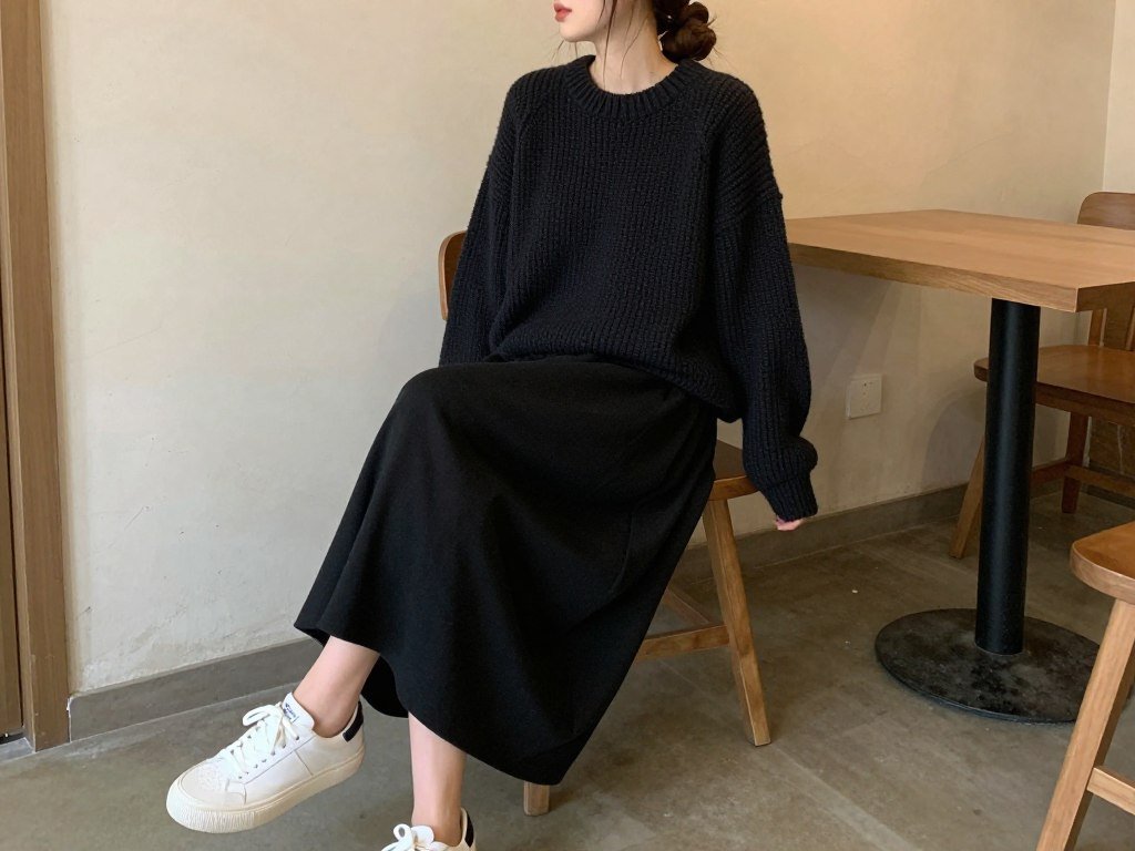 Woman in black maxi skirt with oversized sweater and sneakers