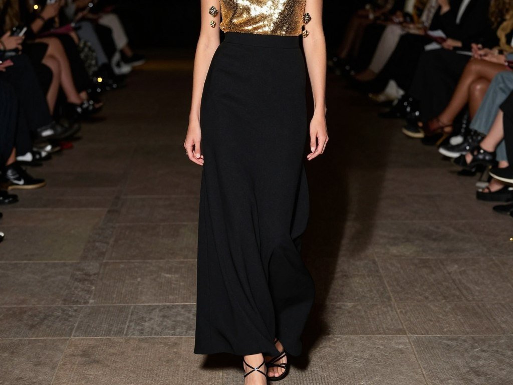 Woman in black maxi skirt with sequin top for formal event