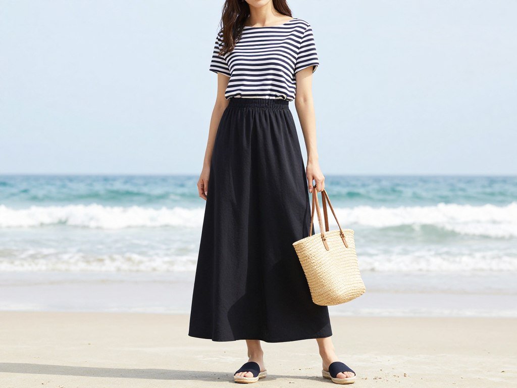 Woman in black maxi skirt with striped top and espadrilles