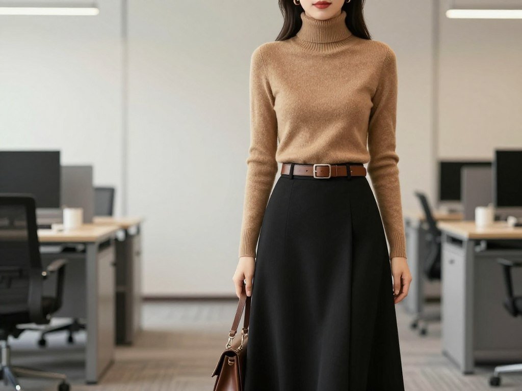Woman in black maxi skirt with turtleneck sweater and belt