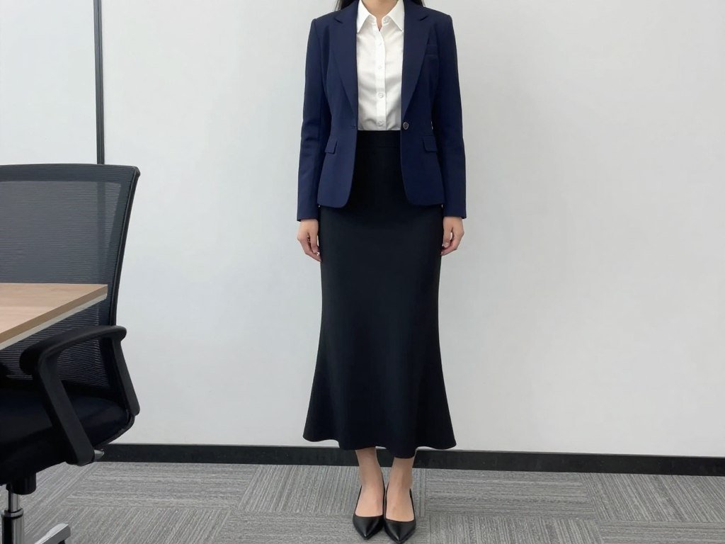 Woman in black maxi skirt with white button-down and blazer