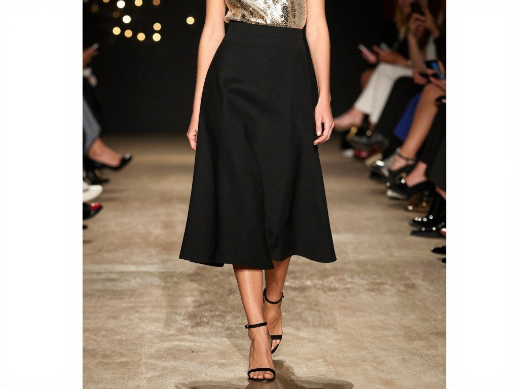 Woman in black midi skirt with gold sequin top and ankle strap heels