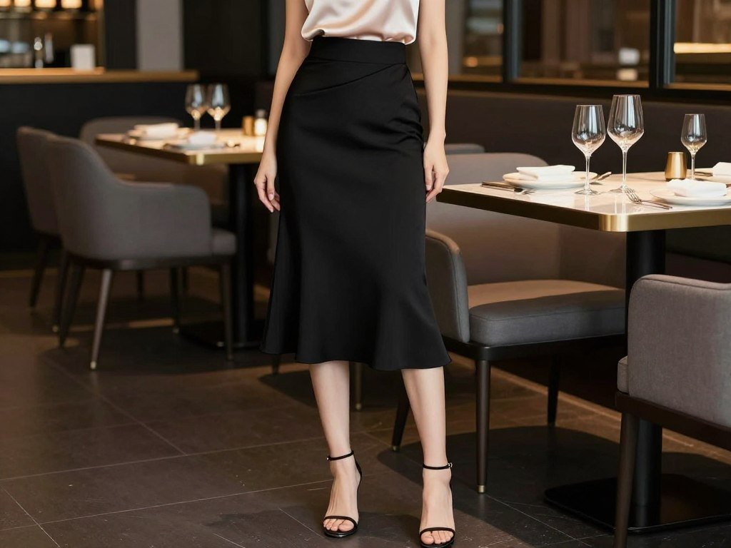 Woman in black midi skirt with silk champagne camisole and strappy heels