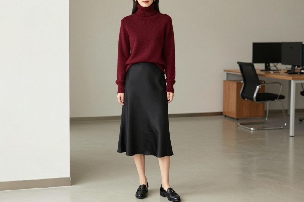 Woman in black silk skirt with burgundy turtleneck for smart casual office look