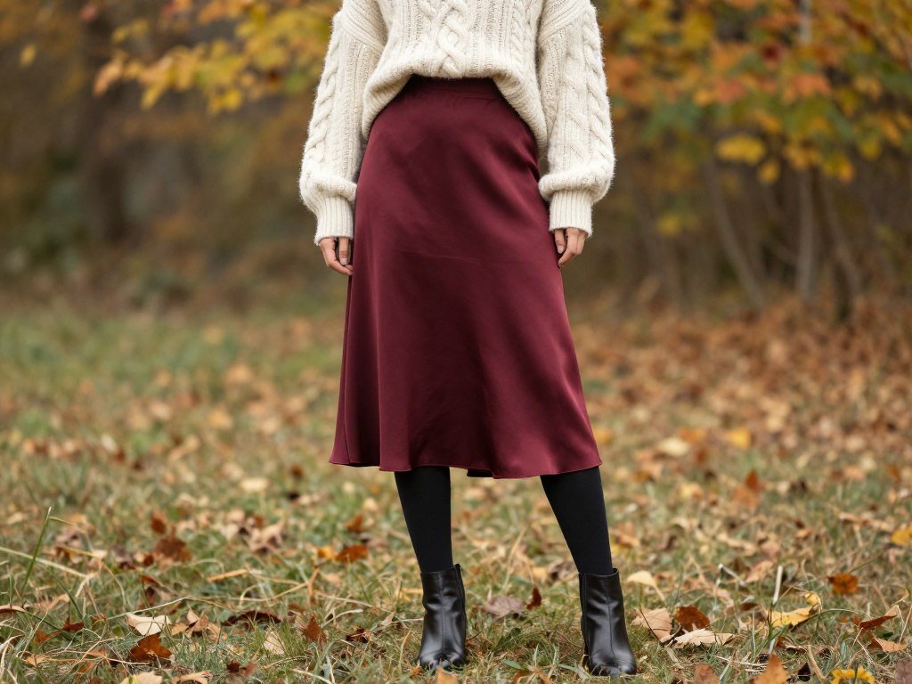 Woman in burgundy silk skirt with oversized sweater and boots for fall
