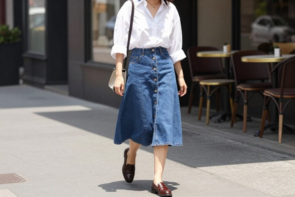 Woman in button-front denim midi skirt with white blouse and loafers for summer brunch outfit