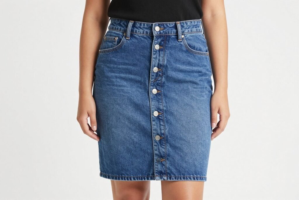 Woman in button-front denim skirt that works for apple-shaped figures