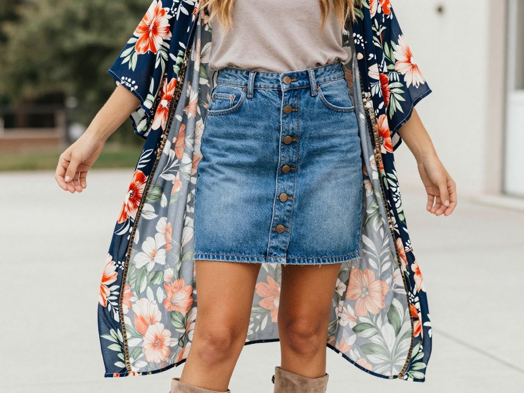 Woman in button-front denim skirt with floral kimono and ankle boots