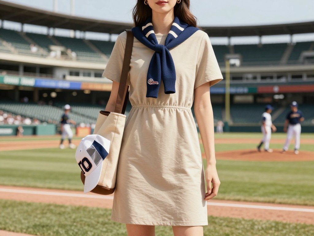 Woman in casual dress with team-colored accessories for a feminine baseball game outfit