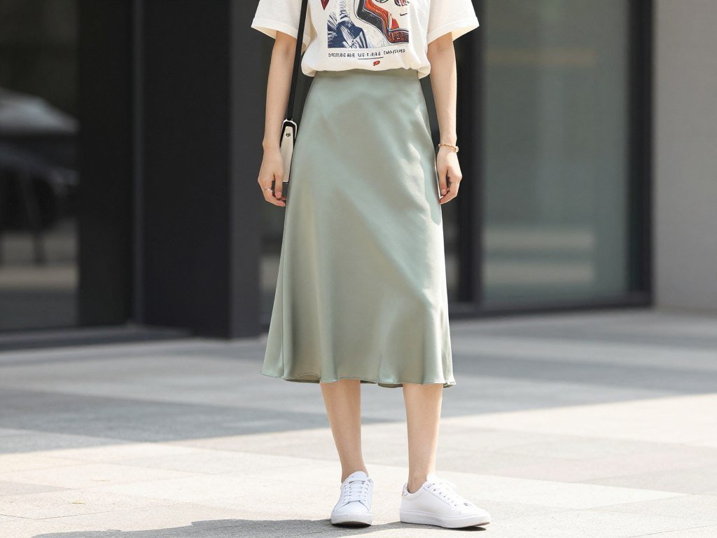 Woman in casual satin skirt outfit summer look with graphic tee and sneakers