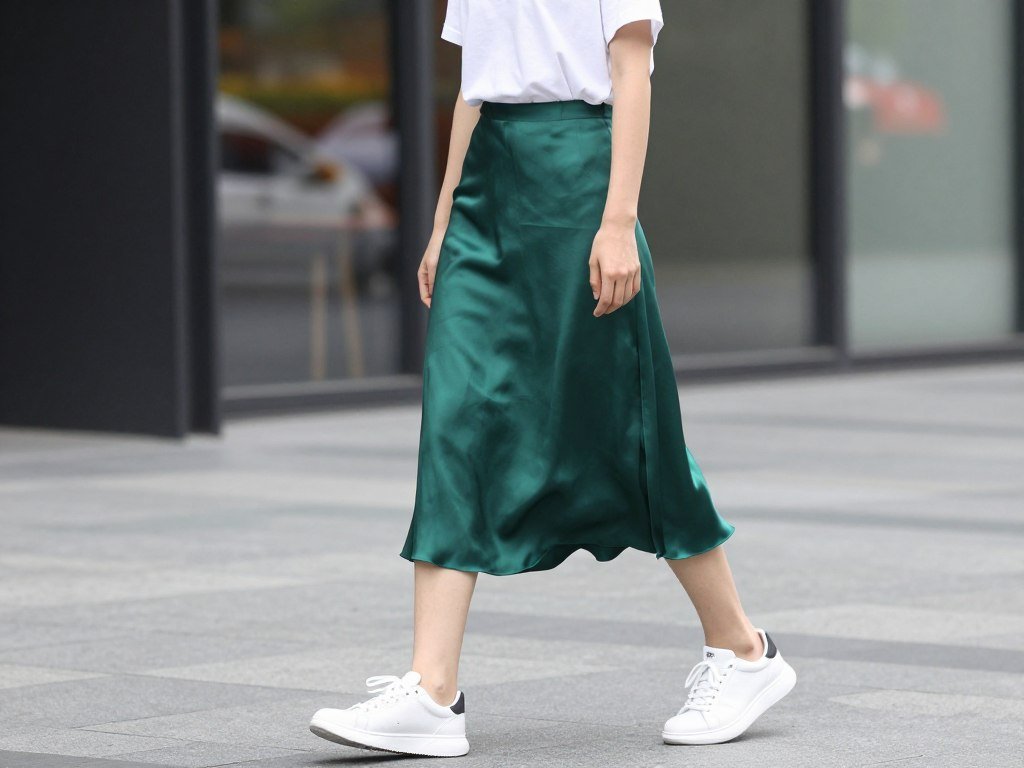 Woman in casual silk skirt outfit with white t-shirt and sneakers