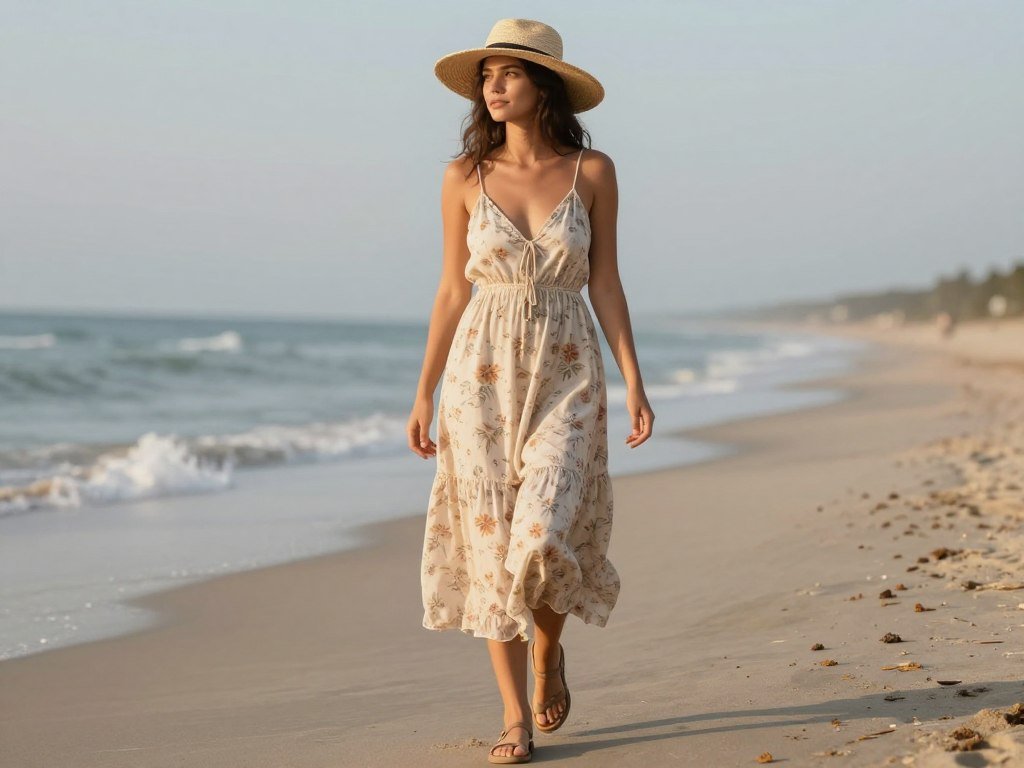 Woman in casual summer outfit featuring a flowy sundress walking on beach