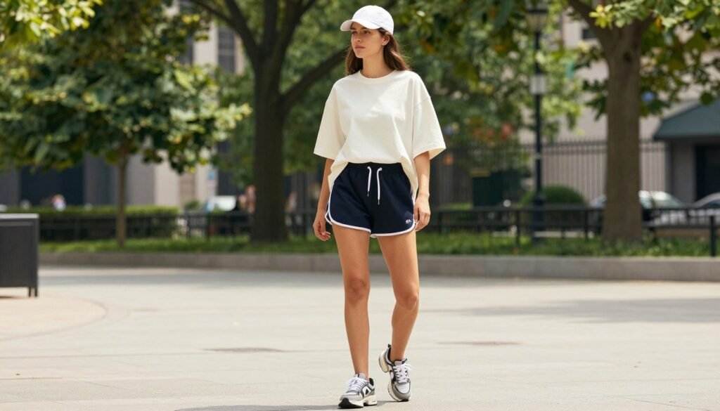 Woman in casual summer outfit with athletic shorts and oversized tee