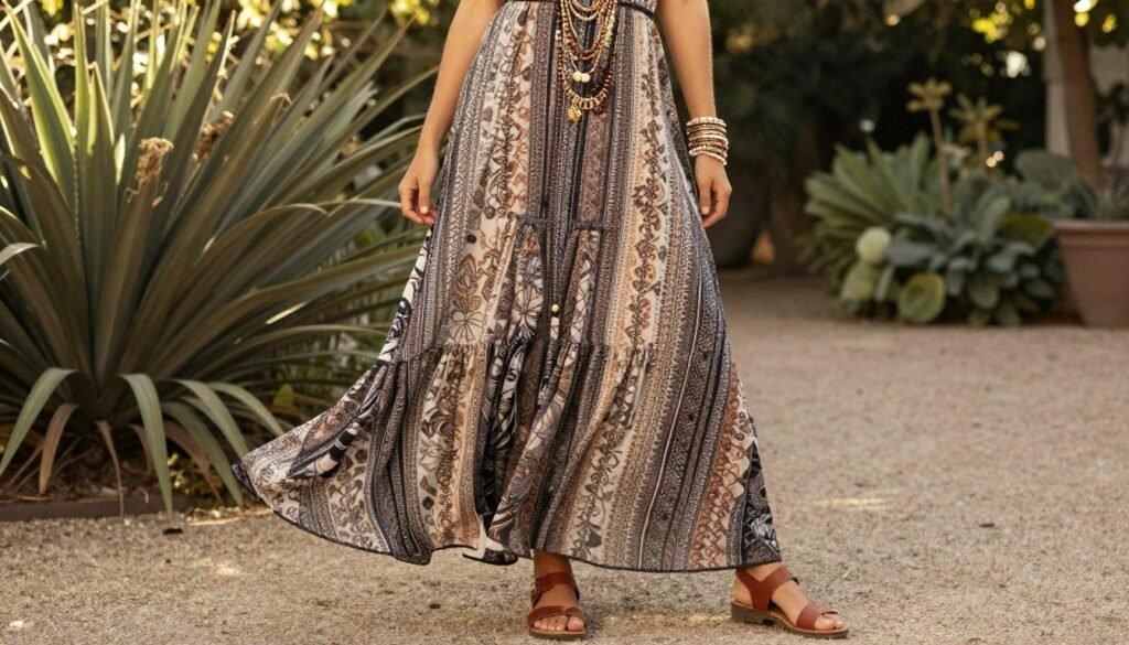 Woman in casual summer outfit with flowy maxi dress and layered accessories