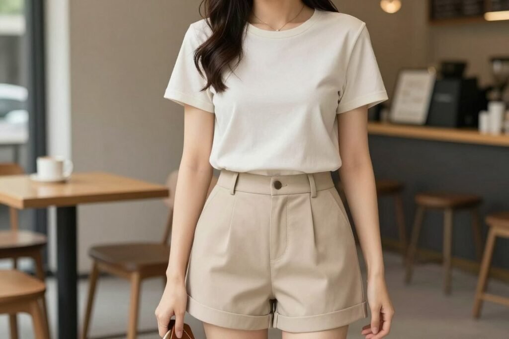 Woman in casual summer outfit with high-quality t-shirt and tailored shorts