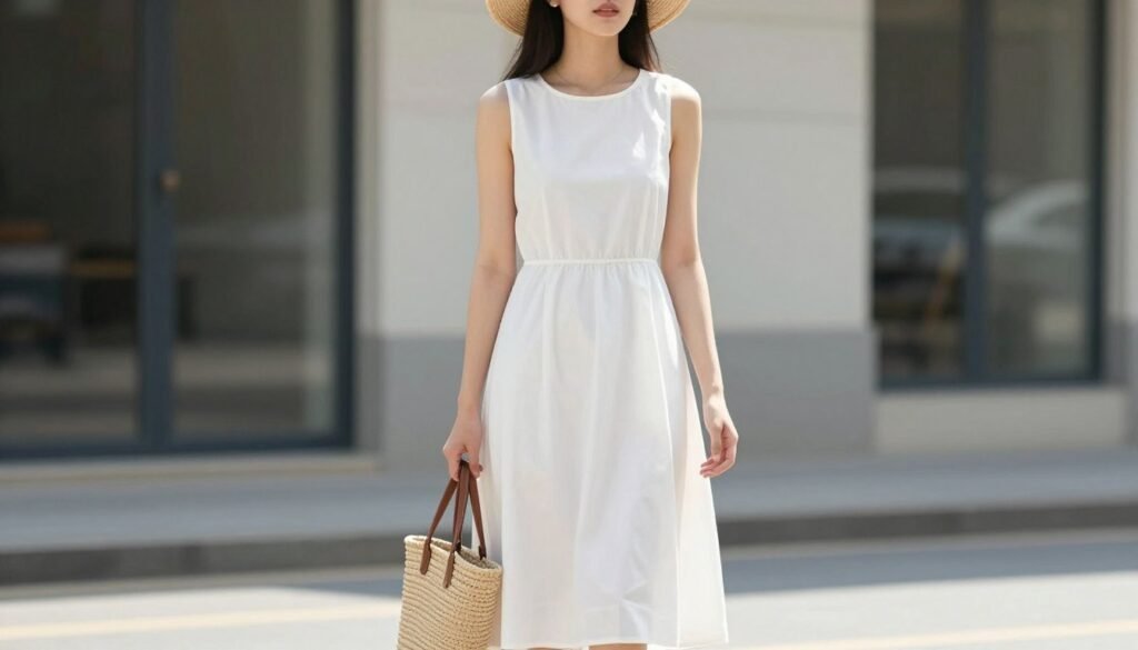 Woman in casual summer outfit with minimalist white dress and straw accessories