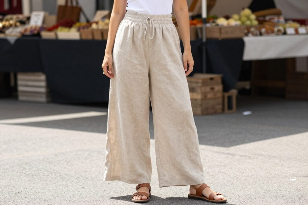 Woman in casual summer outfit with wide-leg linen pants and fitted tank top