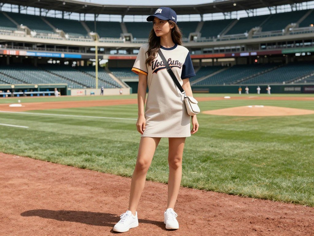 Woman in casual t-shirt dress with baseball cap and sneakers at stadium