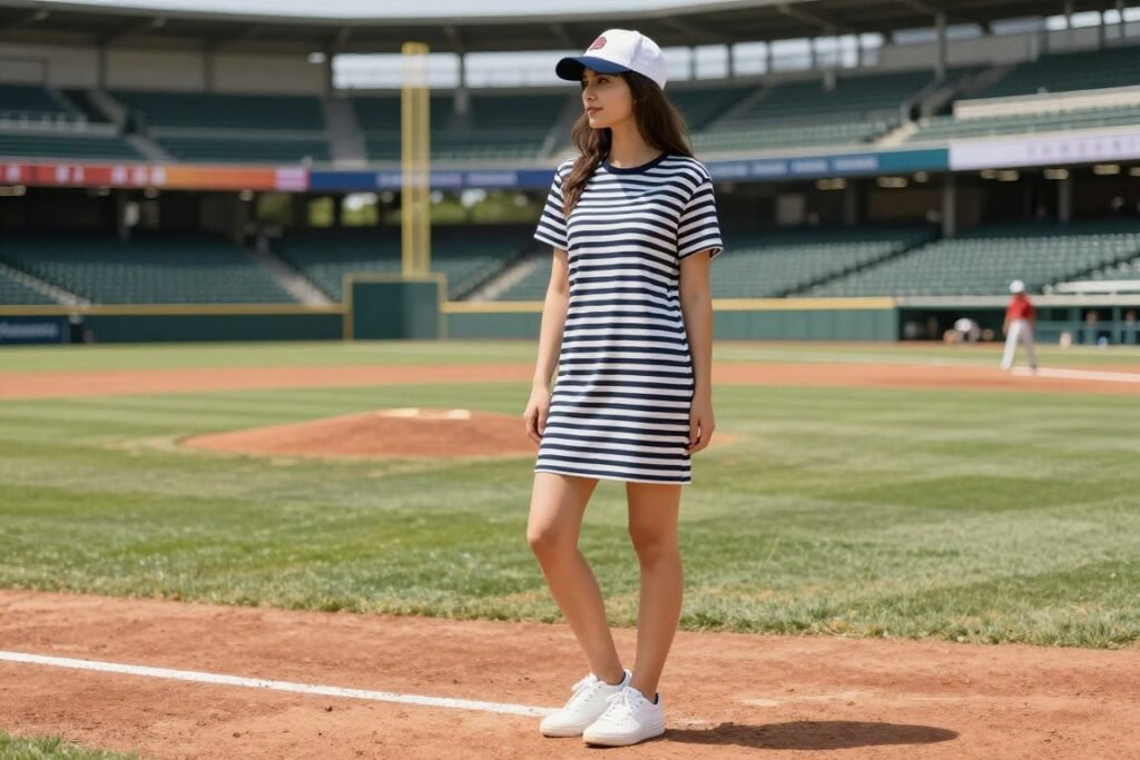 Woman in casual t-shirt dress with baseball cap at stadium